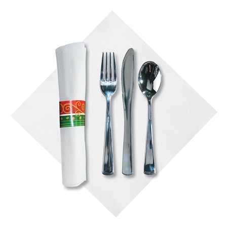 CATERWRAP 7.75" x 7.75" Pre-rolled White Napkins with Metallic Cutlery 100 PK 119982